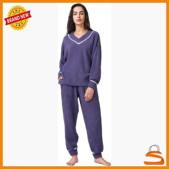 Warm Fleece Pajama Set Long Sleeve V-Neck Top Plush Pants Cozy Sleepwear